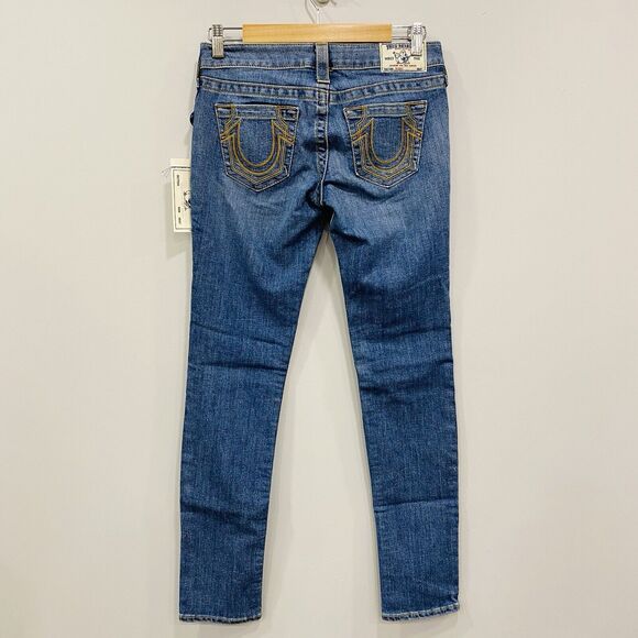 TRUE RELIGION NWT 26 Low Rise Skinny Gold Arrow Denim Big T Jeans Stretch Y2K - Picture 1 of 16